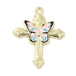 Pink Light Gold Plated Alloy Enamel Pendants, Cross with Butterfly Charm, Pink, 30x24x2mm, Hole: 1.6mm