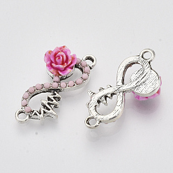 Hot Pink Antique Silver Tone Alloy Links connectors, with Resin, Infinity and Flower, Hot Pink, 15x26.5x6mm, Hole: 1.6mm