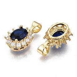 Dark Blue Brass Micro Pave Cubic Zirconia Charms, with Brass Snap on Bails, Oval, Real 18K Gold Plated, Nickel Free, Dark Blue, 14x11.5x7mm, Hole: 5x3.5mm