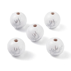 Silver Printed Natural Wood European Beads, Large Hole Bead, Round with Christmas Reindeer Pattern, Silver, 19mm, Hole: 4mm