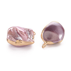Medium Orchid Electroplate Freshwater Shell Pendants, with Golden Iron Edge and Loop, Nuggets, Dyed, Medium Orchid, 21~32.5x14~24x6~21mm, Hole: 1.8mm
