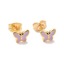 Thistle Enamel Butterfly Stud Earrings with 316L Surgical Stainless Steel Pins, Gold Plated 304 Stainless Steel Jewelry for Women, Thistle, 7.5x5.5mm, Pin: 0.7mm