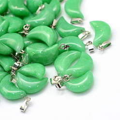 Malaysia Jade Moon Dyed Natural Malaysia Jade Pendants, with Platinum Tone Brass Findings, 21~24x12~14x5~6mm, Hole: 2x7mm