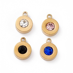Mixed Color 304 Stainless Steel Pendants, with Rhinestone, Flat Round, Mixed Color, 10.5x8x3.5mm, Hole: 1.4mm