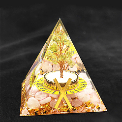 Quartz Rose Décorations d'affichage en résine de pyramide d'orgonite de cadeau de symbole de rune viking, avec des éclats de quartz rose naturel à l'intérieur, pour bureau à domicile, 50~60mm