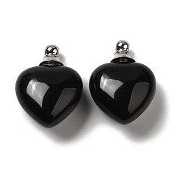 Obsidian Natural Obsidian Perfume Bottle Pendants, Heart Charms with Stainless Steel Color Plated 304 Stainless Steel Findings, 28x20x12mm, Hole: 2mm