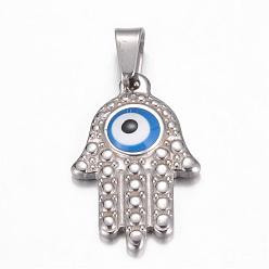 Stainless Steel Color 304 Stainless Steel Enamel Pendants, Hamsa Hand/Hand of Fatima/Hand of Miriam with Evil Eye, Stainless Steel Color, 25x16x4mm, Hole: 7x4mm
