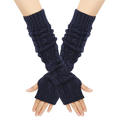 Prussian Blue Acrylic Fiber Yarn Knitting Fingerless Gloves, Long Winter Warm Gloves with Thumb Hole, Prussian Blue, 500x75mm