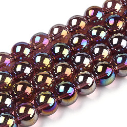 Brun De Noix De Coco Plaquent verre transparent perles brins, de couleur plaquée ab , ronde, brun coco, 9.5~10mm, Trou: 1.5mm, Environ 40~42 pcs/chapelet, 14.76~15.12 pouce (37.5~38.4 cm)