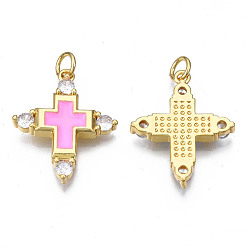 Pearl Pink Brass Micro Pave Cubic Zirconia Enamel Pendants, with Jump Rings, Cadmium Free & Nickel Free & Lead Free, Real 16K Gold Plated, Cross, Pearl Pink, 23x19x3mm, Jump Ring: 5x1mm, 3mm inner diameter