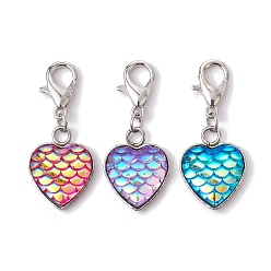 Mixed Color 304 Stainless Steel with Resin Pendants Decorations, with Alloy Lobster Claw Clasps, Heart with Fish Scale Shape, Mixed Color, 29mm