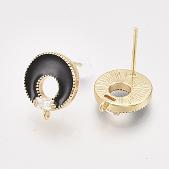 Black Real 18K Gold Plated Brass Enamel Stud Earring Findings, with Cubic Zirconia and Loop, Nickel Free, Flat Round, Clear, Black, 13.5x11.5mm, Hole: 0.9mm, Pin: 0.8mm