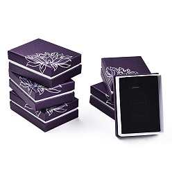 Púrpura Cajas de sistema de la joyería de cartón, estampado de flores por fuera y esponja negra por dentro, Rectángulo, púrpura, 9.1x6.9x3.5 cm