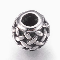Antique Silver 316 Surgical Stainless Steel European Beads, Large Hole Beads, Barrel with Weave Pattern, Antique Silver, 10x9.5mm, Hole: 4mm