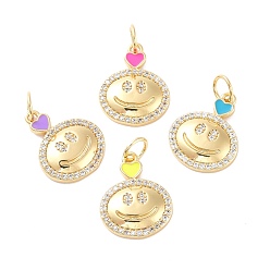 Real 18K Gold Plated Brass Micro Pave Clear Cubic Zirconia Pendants, with Enamel, Cadmium Free & Lead Free, Flat Round with Smiling Face, Real 18K Gold Plated, 19x15x3mm