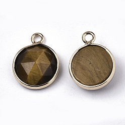 Tiger Eye Natural Tiger Eye Charms, with Light Gold Plated Brass Edge and Loop, Half Round/Dome, Faceted, 14x11x5mm, Hole: 1.5mm