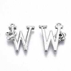 Letter W Brass Pendants, with Rhinestones, Alphabet, Platinum, Letter.W, 18x14x2.5mm, Hole: 1mm