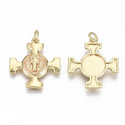 Real 16K Gold Plated Brass Pendants, with Jump Rings, Nickel Free, Cross with Saint , Real 16K Gold Plated, 22.5x20x2.5mm, Jump Ring: 5x0.8mm, 3.4mm inner diameter