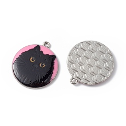 Hot Pink Printed Alloy Pendants, Platinum, Flat Round with Cat Charm, Hot Pink, 28x25x3mm, Hole: 1.8mm