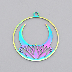 Rainbow Color Ion Plating(IP) 201 Stainless Steel Pendants, Laser Cut, Ring with Moon, Rainbow Color, 32x29x1mm, Hole: 2mm