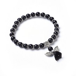Noir Bracelets extensibles en perles synthétiques teintées en turquoise (teintes), avec des perles de fleurs acryliques givrées transparentes et un alliage de style tibétain, beaux bracelets de charme de robe de mariage d'ange, noir, 2-1/8 pouce (5.3 cm)