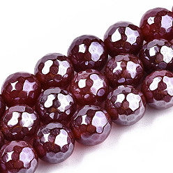 Dark Red Electroplate Natural Agate Beads Strands, Dyed, Faceted, Pearl Luster Plated, Round, Dark Red, 10.5mm, Hole: 1.2mm, about 36~37pcs/strand, 14.37 inch~14.57 inch(36.5cm~37cm)
