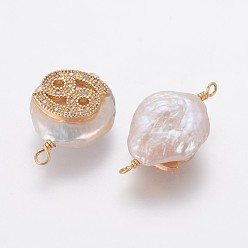 Cancer Natural Pearl Links connectors, with Brass Micro Pave Cubic Zirconia Findings, Flat Round with Constellation, Golden, Clear, Cancer, 20~26x9~17x5~11mm, Hole: 1.6mm