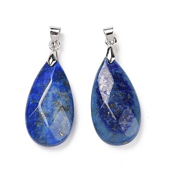 Lapis Lazuli Naturelles lapis-lazuli pendentifs, avec les accessoires en laiton de ton de platine, facette, charme de larme, 29~30.5x13x6~7mm, Trou: 4x3.5mm