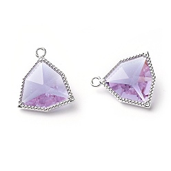 Lilac Glass Pendants, with Eco-Friendly Alloy Open Back Berzel Findings, Faceted, Triangle, Silver Color Plated, Lilac, 17x14.5x7mm, Hole: 1.2mm