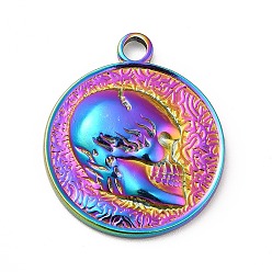 Rainbow Color Placage ionique (ip) 201 pendentifs en acier inoxydable, plat rond avec le crâne, couleur arc en ciel, 23.5x20x3mm, Trou: 2.5mm