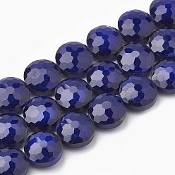Indigo Opaque Solid Color Glass Beads Strands, Faceted, Flat Round, Indigo, 14x8mm, Hole: 1~1.2mm, about 25pcs/strand, 13.77 inch(35cm)