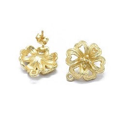 Matte Gold Color Alloy Stud Earring Findings, with Loop, Brass Pins and Ear Nuts/Earring Backs, Long-Lasting Plated, Clover, Matte Gold Color, 18x16.5mm, Hole: 1.2mm, Pin: 0.7mm