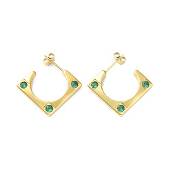 Green Cubic Zirconia Rectangle Stud Earrings, Golden 304 Stainless Steel Half Hoop Earrings for Women, Green, 19.5x20.5x2.5mm, Pin: 0.7mm