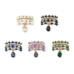 Mixed Stone 20Pcs 20 Style Natural & Synthetic Mixed Gemstone & Brass Beaded Stretch Rings Set, Cubic Zirconia Teardrop Charms Stackable Rings for Women, US Size 9~9 3/4(19~19.6mm), 1Pc/style