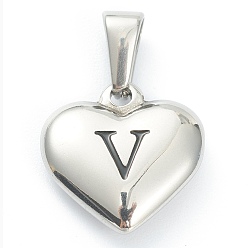 Letter V 304 подвески из нержавеющей стали, сердце с черной буквой, цвет нержавеющей стали, letter.v, 16x16x4.5 мм, отверстие : 7x3 мм
