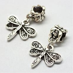 Antique Silver Alloy European Dangle Charms, Tibetan Style, Large Hole Pendants, Dragonfly, Antique Silver, 27mm, Hole: 5mm