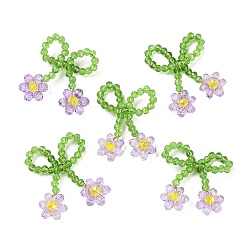 Violet Glass Beaded Pendants, with Copper Wire, Bowknot with Flower Charms, Violet, 25~27x25~28x5~5.5mm, Hole: 5.5x7.5mm