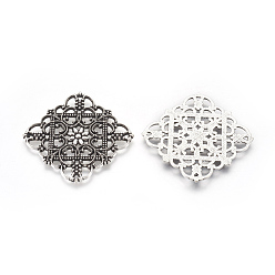 Antique Silver Tibetan Style Filigree Joiners, Cadmium Free & Lead Free, Rhombus, Antique Silver, 36x36x1mm, Hole: 1mm