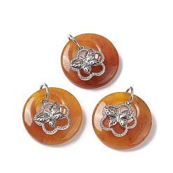 Yellow Aventurine Natural Yellow Aventurine Pendants, Flat Round Charms, with Platinum Tone Brass Flower with Butterfly Findings, Cadmium Free & Nickel Free & Lead Free, 30~35x28~32x10~10.5mm, Hole: 2mm