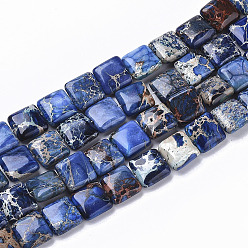 Bleu Brins de perles de jaspe impérial naturel, teint, perles carrées à tranche plate, bleu, 10x10x4mm, Trou: 1mm, Environ 38~40 pcs/chapelet, 15.16 pouce (38.5 cm)