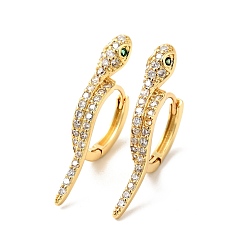 Real 18K Gold Plated Green Cubic Zirconia Snake Hoop Earrings, Brass Jewelry for Women, Cadmium Free & Nickel Free & Lead Free, Real 18K Gold Plated, 28x14.5x3.5mm, Pin: 0.8mm