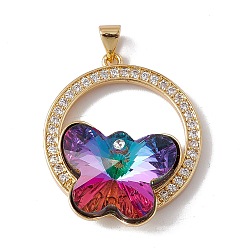 Colorful Brass Micro Pave Clear Cubic Zirconia Pendants, Real 18K Gold Plated, with Glass Cabochon, Cadmium Free & Nickel Free & Lead Free, Rack Plating, Flat Round with Butterfly, Colorful, 29.5x25.5x10mm, Hole: 3.5x5mm