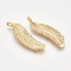 Real 18K Gold Plated Brass Pendants, Feather, Nickel Free, Real 18K Gold Plated, 35.5x10.5x4mm, Hole: 3.5x2mm
