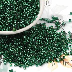 Verde Abalorios de la semilla de cristal, plata forrada, cilindro, verde, 2x1.5 mm, agujero: 1.4 mm, sobre 50398 unidades / libra
