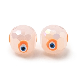 Orange Perles de verre opaques, avec l'émail, facette, tambour avec motif mauvais œil, orange, 10.5x10.5mm, Trou: 1.6mm
