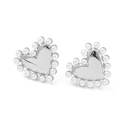 Platine Boucles d'oreilles en laiton placage coeur pour femmes, avec perle en plastique, plaqué longue durée, sans plomb et sans cadmium, platine, 14x15x2.5mm, pin: 0.8 mm