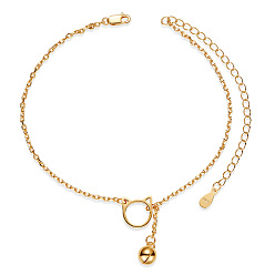 Real 18K Gold Plated SHEGRACE 925 Sterling Silver Kitten Link Anklets, with Cable Chains, Cat Head and Bell, Real 18K Gold Plated, 8-1/4 inch(21cm)