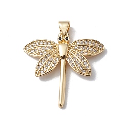 Real 18K Gold Plated Rack Plating Brass Micro Pave Clear Cubic Zirconia Pendants, Lead Free & Cadmium Free, Long-Lasting Plated, Dragonfly Charm, Real 18K Gold Plated, 25.5x26x3mm, Hole: 5x3mm