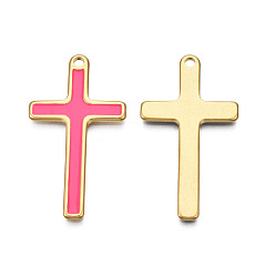 Hot Pink 304 Stainless Steel Enamel Pendants, Real 18K Gold Plated, Cross, Hot Pink, 40x22x1.5mm, Hole: 2mm