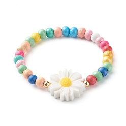 Colorful Natural Wood Round Beads Stretch Bracelets for Kid, with Resin Beads, Daisy Flower, Colorful, Inner Diameter: 2 inch(5.05cm), 6.5mm